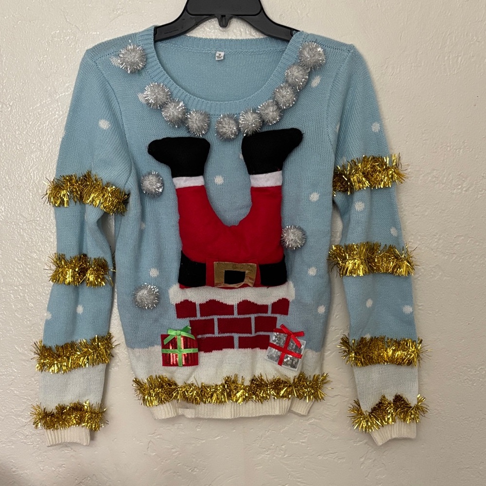Festive Light Blue Santa Chimney Sweater - Women's Holiday Sweater